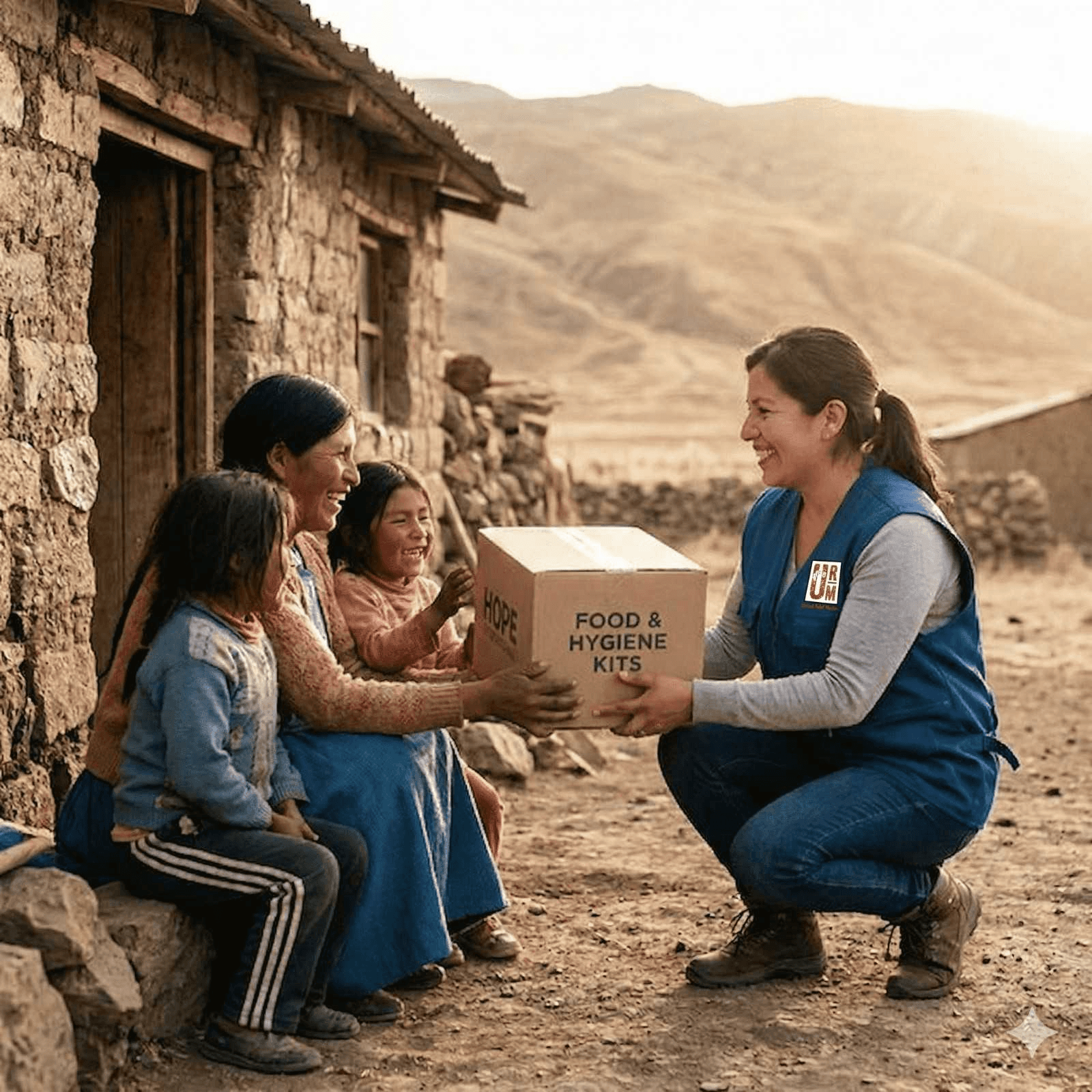 A charity worker handing essential supplies to a family